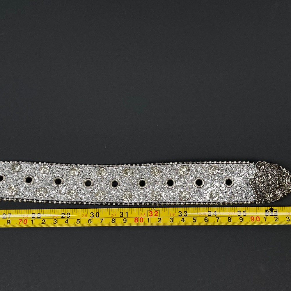 Vintage Rhinestone Western Belt Womens 30/32 Silver Studded Floral Buckle Rodeo - Picture 9 of 10
